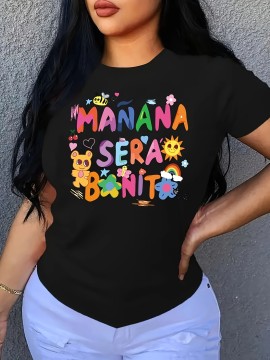 Carnaval Cartoon & Letter Casual T-Shirt, Crew Neck Short Sleeves Slight Stretch Sports Tee, Women's Activewear & Music Festival