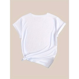 Cup & Splatter Print Casual T-Shirt, Round Neck Short Sleeves Mid-Stretch Sports Tee, Women's Activewear